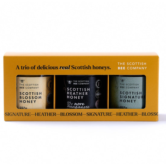 Box of The Scottish Bee Company honey set on a white background. Includes Scottish Blossom Honey, Scottish Heather Honey and Scottish Signature Honey