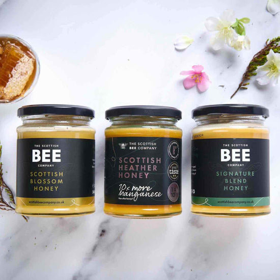 Trio of Scottish honey including heather, blossom and signature honeys