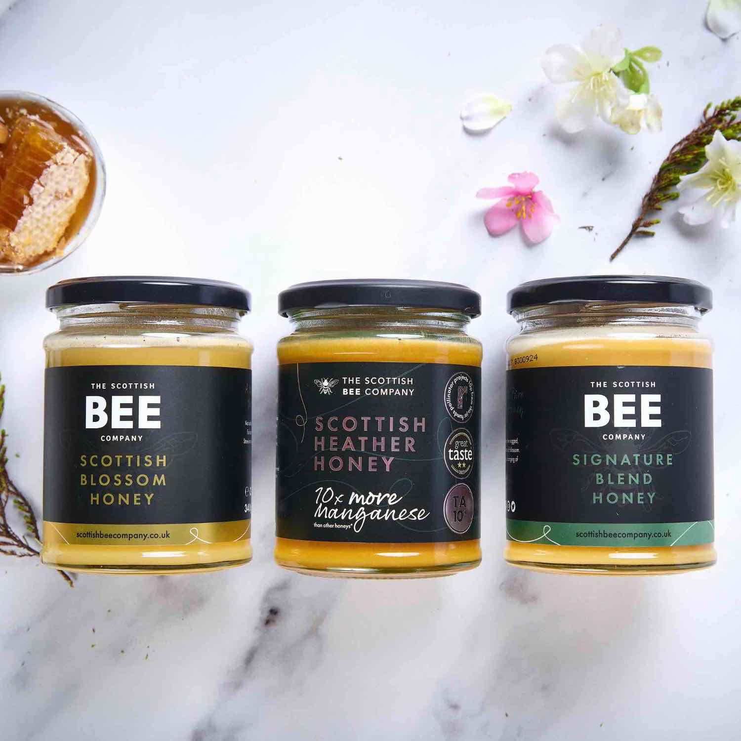 Trio of Scottish honey including heather, blossom and signature honeys